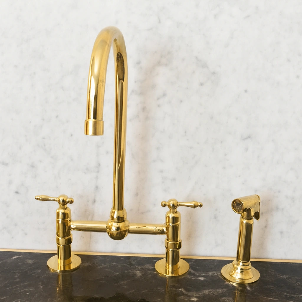 Unlacquered Brass Kitchen Faucet, Center ball Bridge Sink Faucet with Sprayer