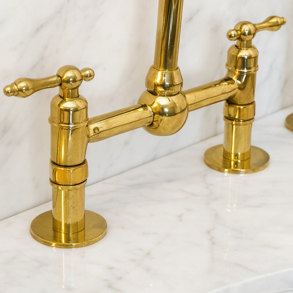 Unlacquered Brass Kitchen Faucet, Center ball Bridge Sink Faucet with Sprayer