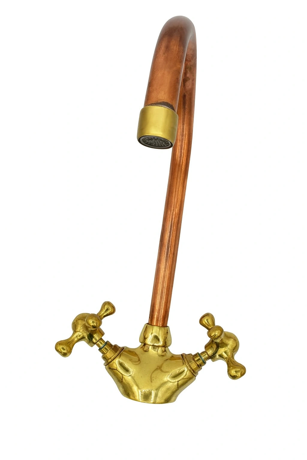 Decorative faucet with wooden handle and brass components on a white background