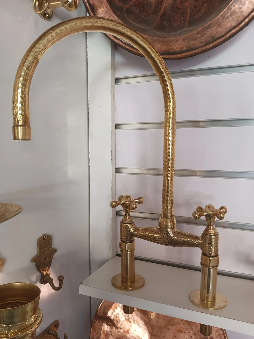 Handmade Unlacquered Brass Bridge Kitchen Faucet ,Duty Free
