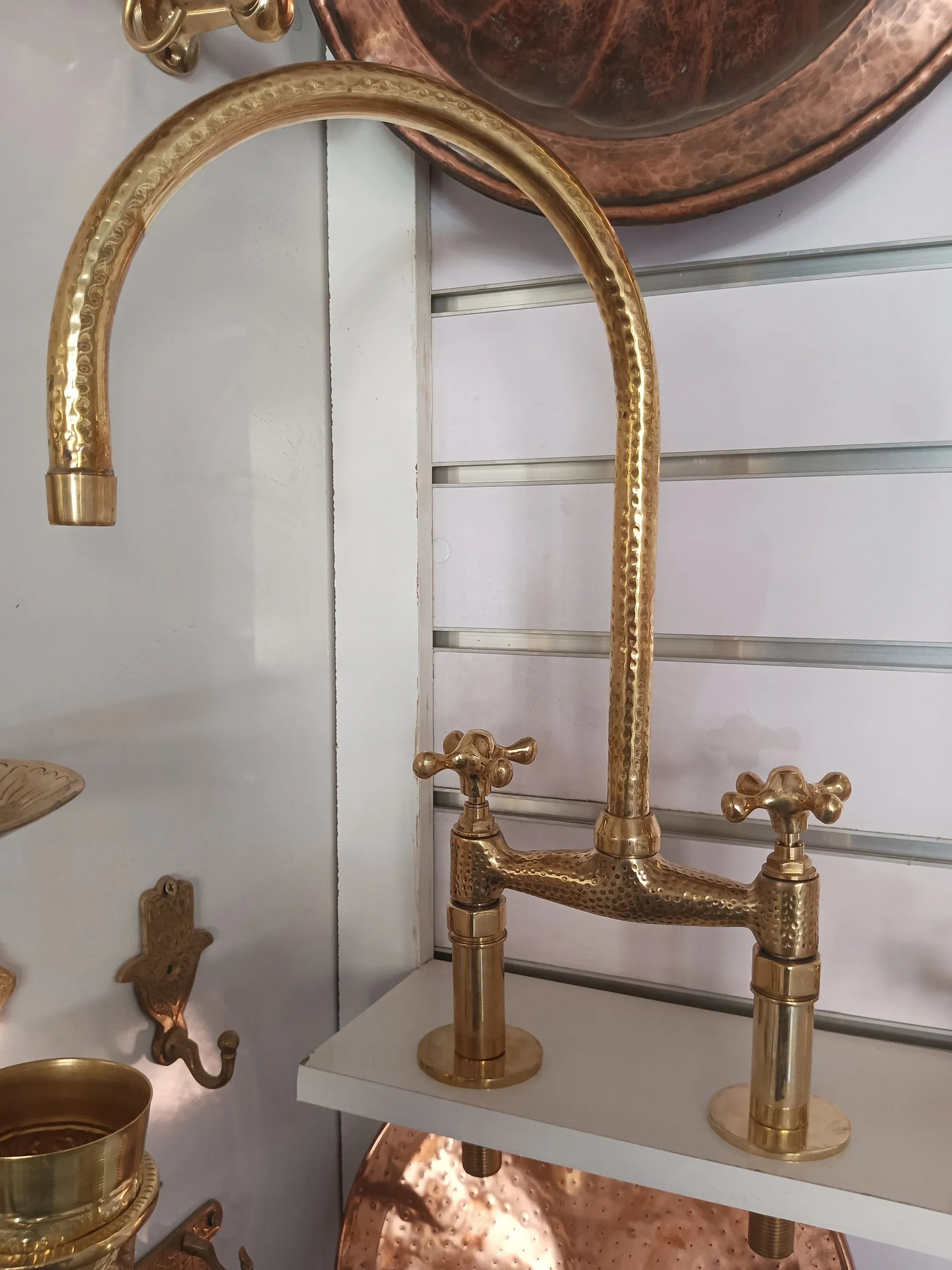 Handmade Unlacquered Brass Bridge Kitchen Faucet ,Duty Free