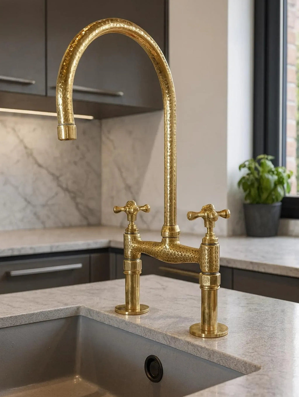 Handmade Unlacquered Brass Bridge Kitchen Faucet ,Duty Free