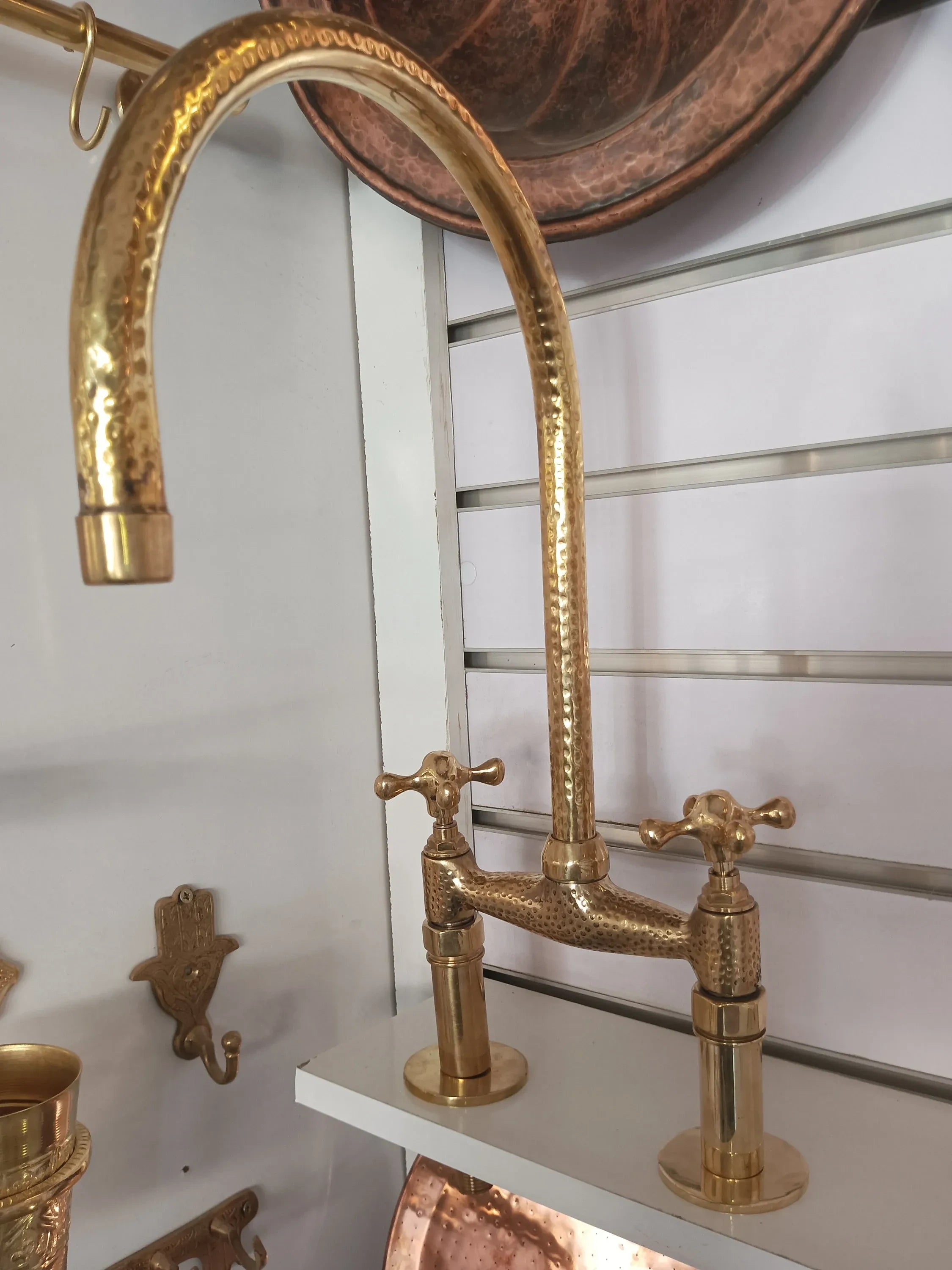 Handmade Unlacquered Brass Bridge Kitchen Faucet ,Duty Free
