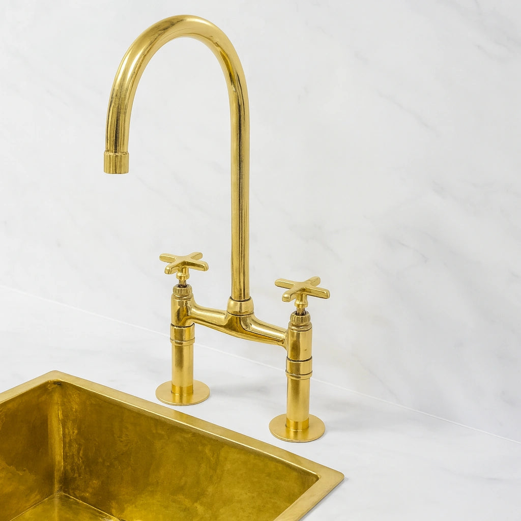 Unlacquered Brass Bridge Kitchen Faucet ,DDP shipping