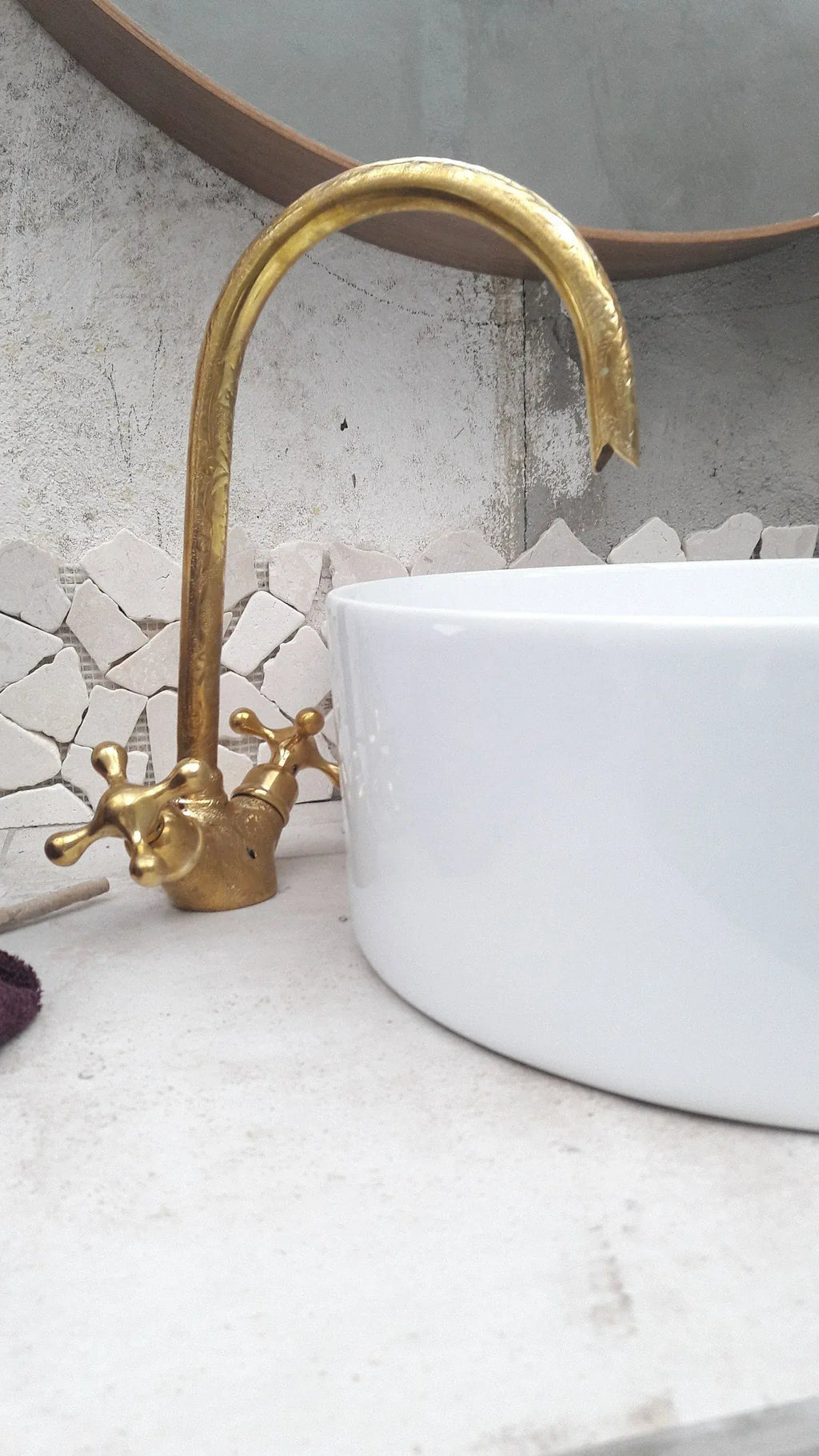 Unlacquered Brass Goosneck Faucet with Engraved Finish