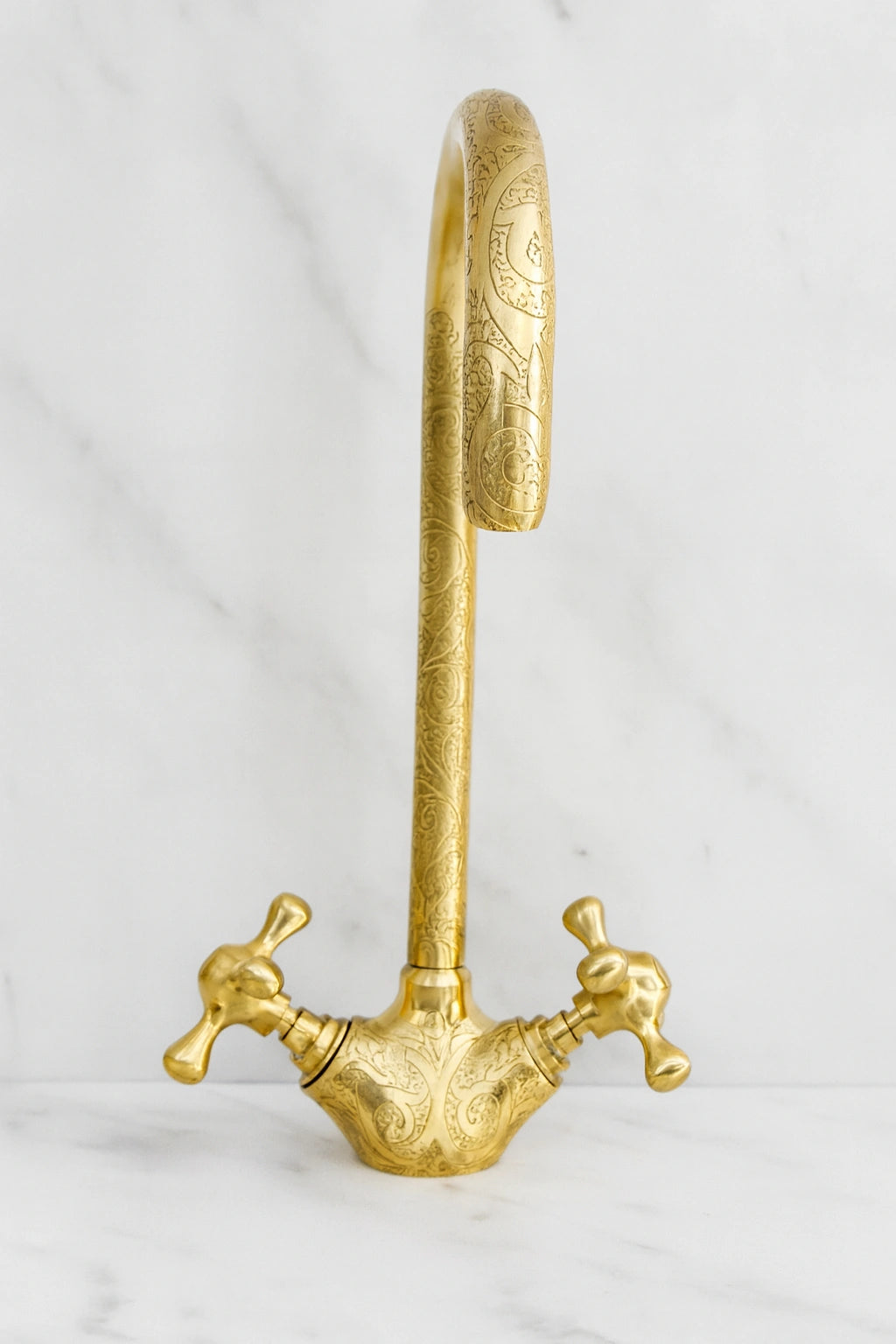 Unlacquered Brass Goosneck Faucet with Engraved Finish