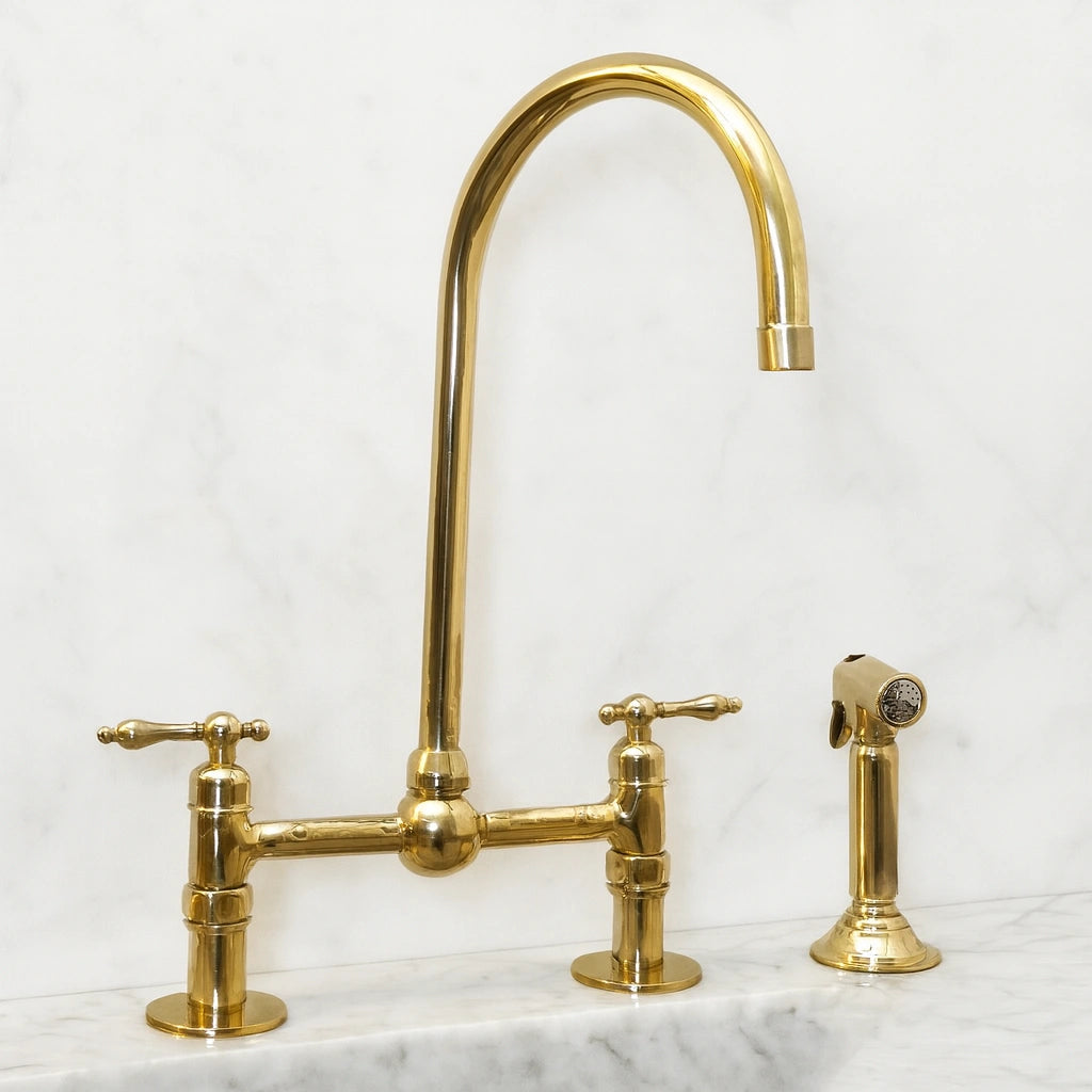 Unlacquered Brass Kitchen Faucet, Center ball Bridge Sink Faucet with Sprayer