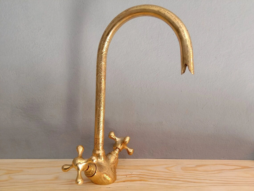 Unlacquered Brass Goosneck Faucet with Engraved Finish