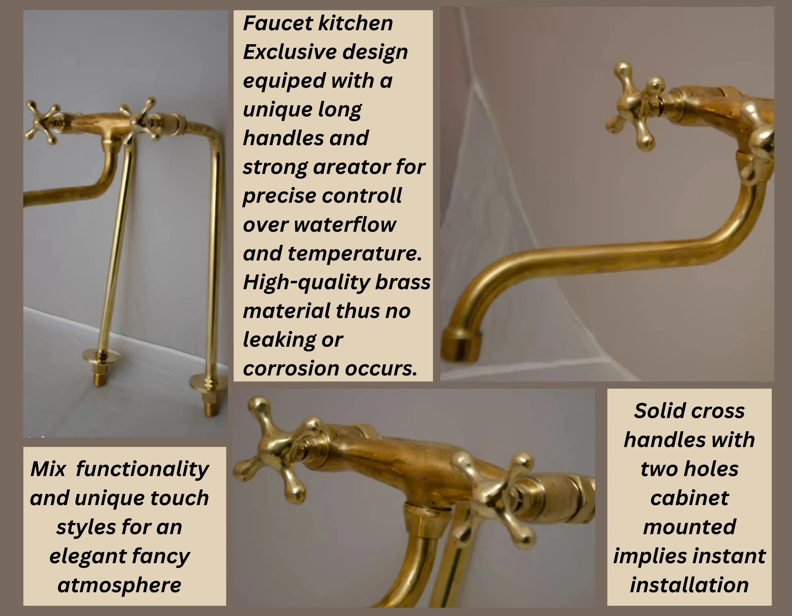 Brass kitchen faucet set with descriptive text on a gray background