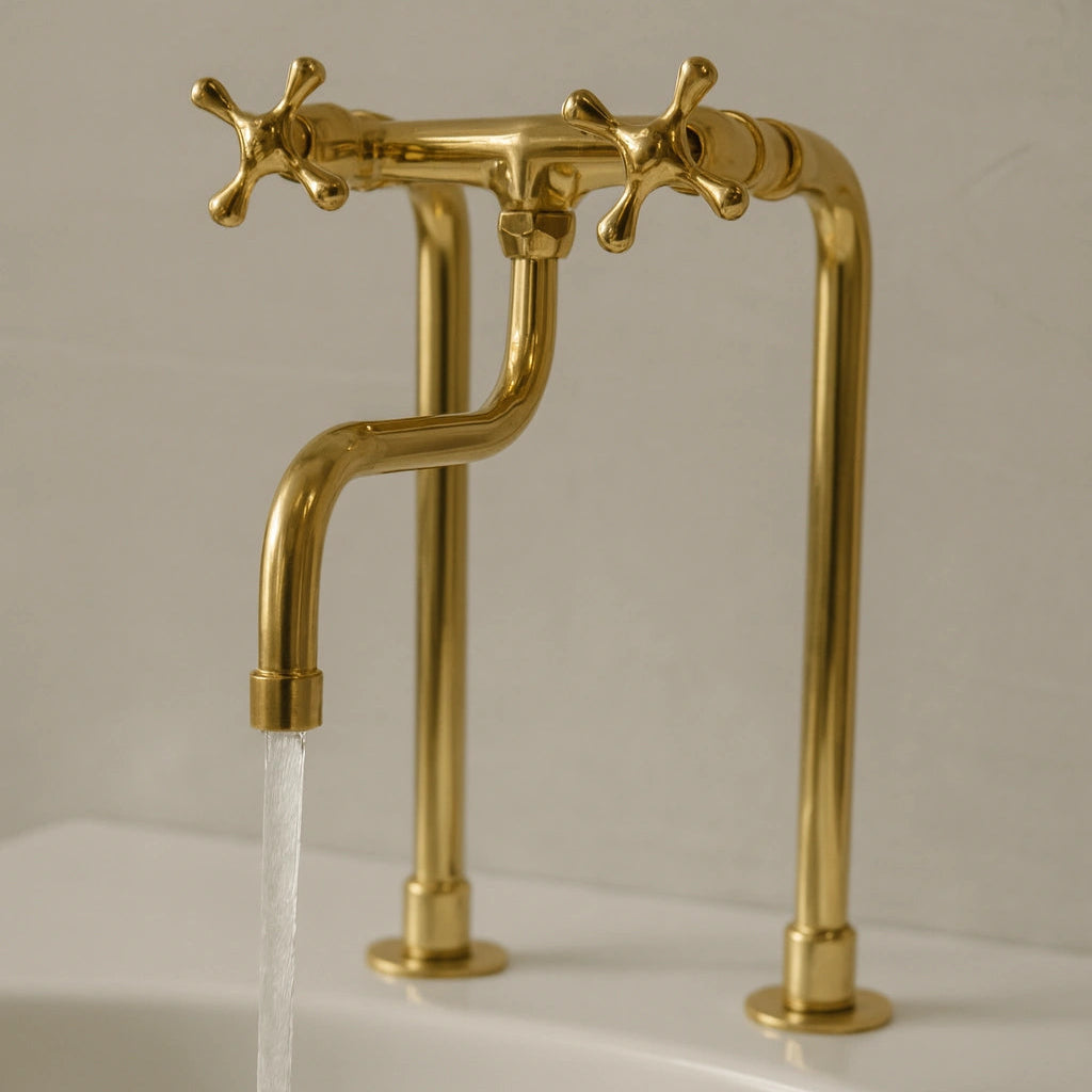 Brass faucet with water flowing into a sink against a neutral background