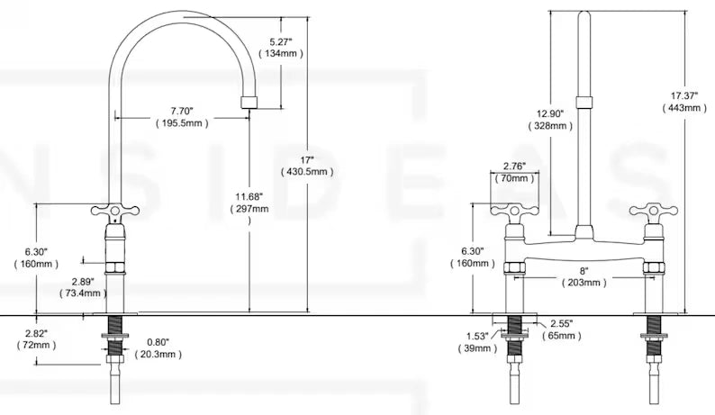 Technical drawing of a kitchen faucet with dimensions labeled
